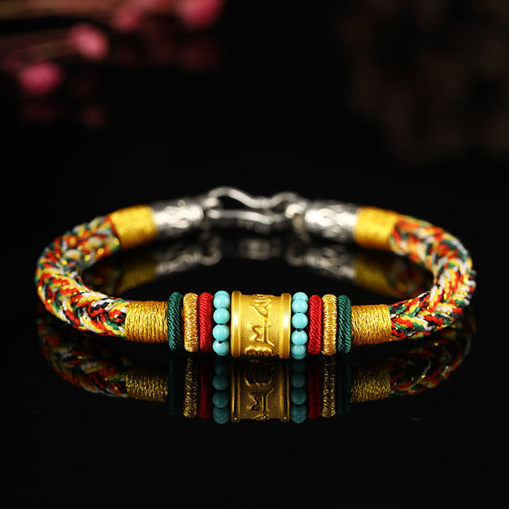 Buddha Stones Tíbet 999 oro Om Mani Padme Hum pulsera de la suerte hecha a mano con ocho hilos y nudo de la paz - Hebilla plateada turquesa, cuerda multicolor - 19 cm - image 7