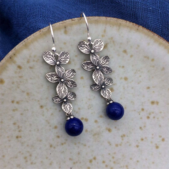 Pendientes colgantes de plata de ley 925 con forma de flor de lazurita turquesa y hoja de serenidad