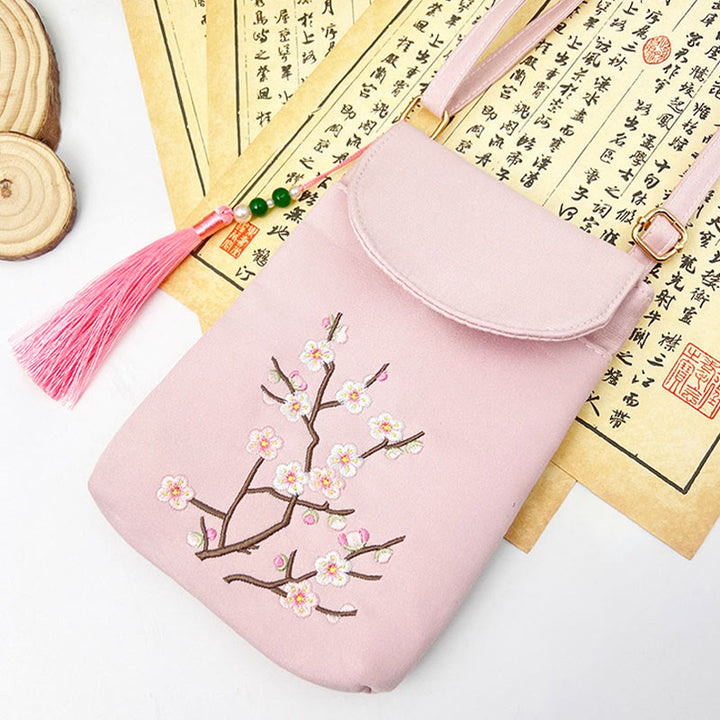 Bolso bandolera con flores bordadas pequeñas y Buddha Stones, bolso de hombro, bolso para móvil de doble capa