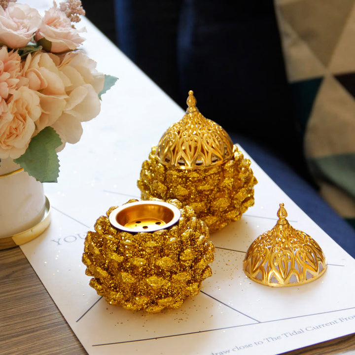 Mini quemador de incienso con diseño de cono de pino dorado, decoración de mesa para el hogar, rituales espirituales