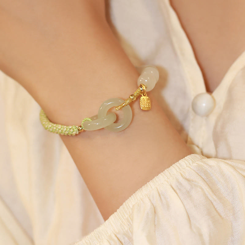 Pulsera trenzada con doble hebilla de paz y cuentas de jade hetiano natural, Buddha Stones, carácter Fu, abundancia