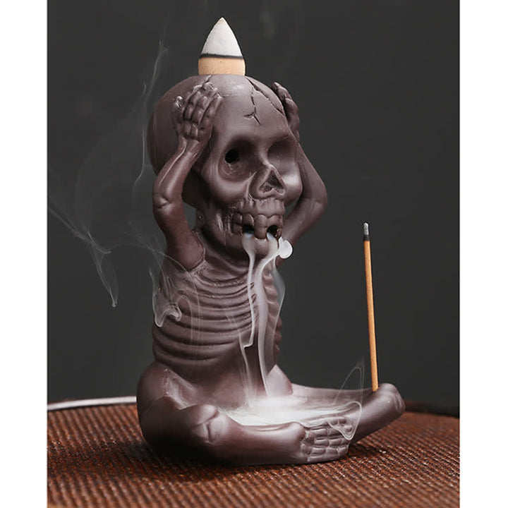Buddha Stones, pequeño cráneo, fantasma, arcilla púrpura, reflujo de humo, fuente, decoración de quemador de incienso de paz
