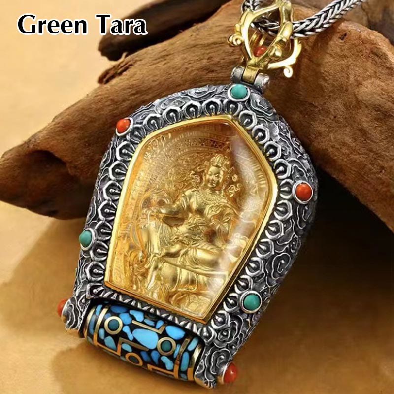 Colgante de collar de cuentas Dzi giratorio del zodiaco chino del Tíbet Buda natal Thangka prosperidad - Tara Verde - image 15