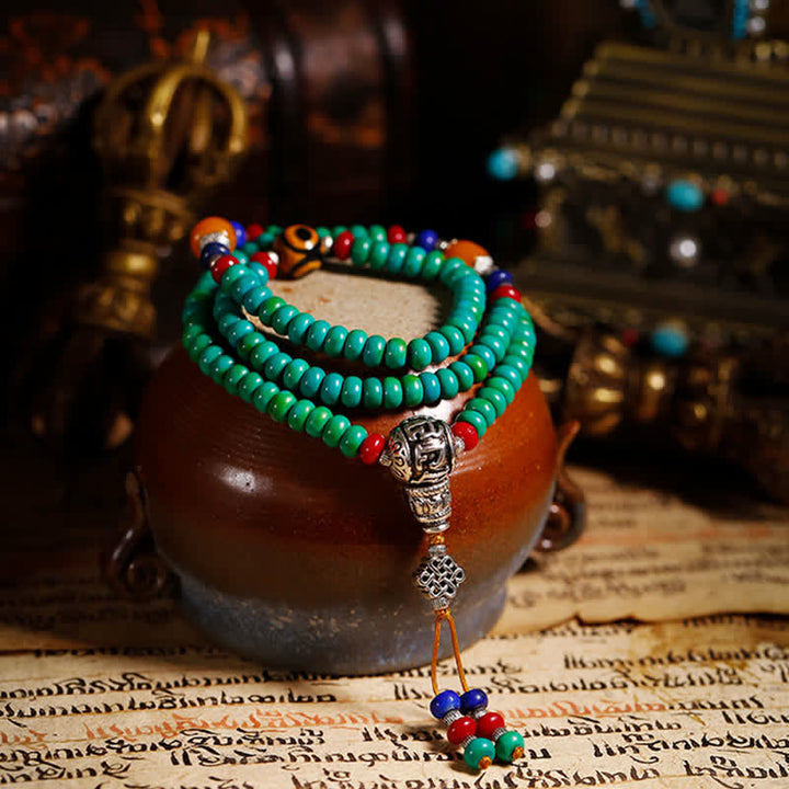 Pulsera de protección de cuentas Dzi de turquesa tibetana con 108 cuentas Mala