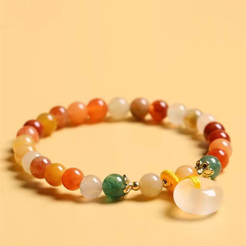 Pulsera de riqueza con hebilla de paz de jade de seda dorada colorida chapada en oro de 14 Buddha Stones