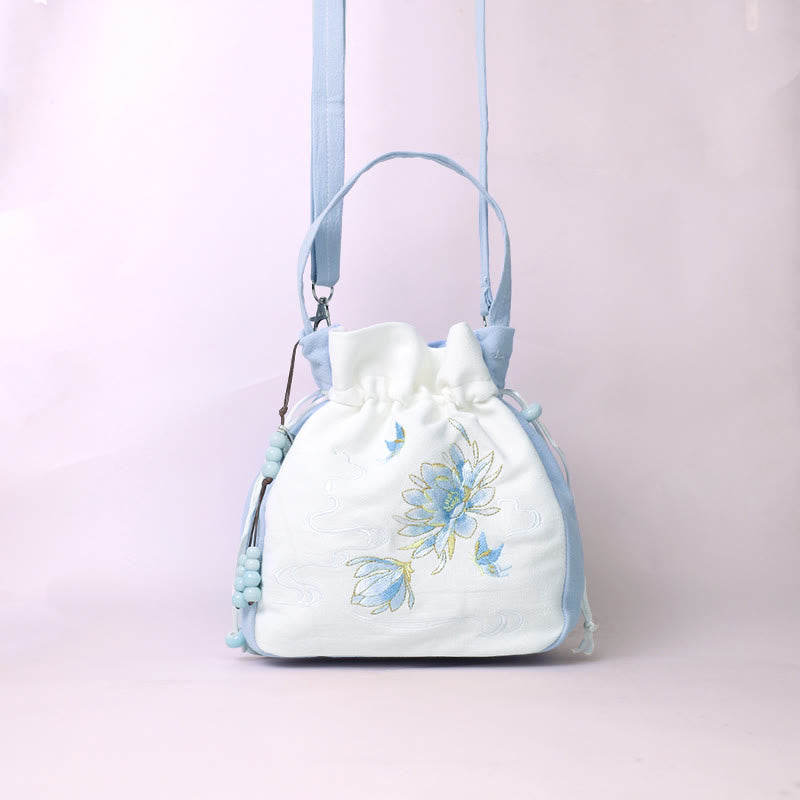 Bolso bandolera con Buddha Stones, bordado, mariposa, loto, magnolia, algodón y lino