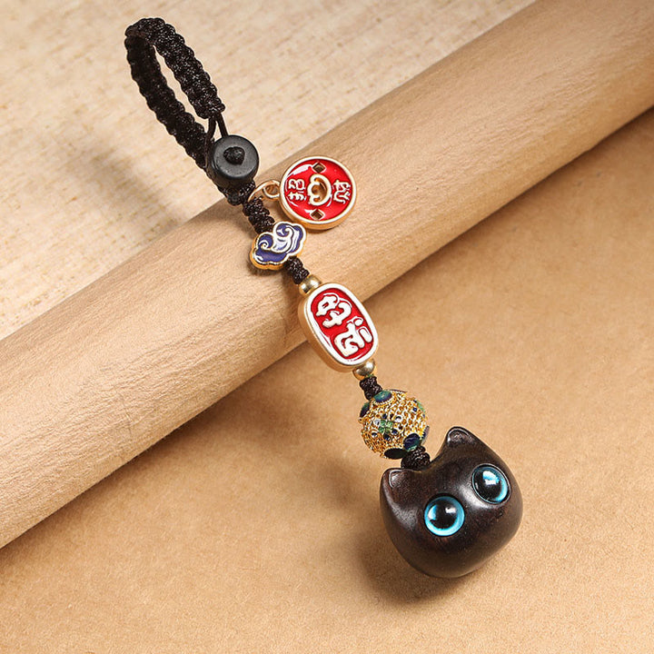 Buddha Stones de madera de ébano, gato de la suerte, nube propicia, llavero de paz, decoración colgante para teléfono - Gato de ojos azules - Llavero - image 10