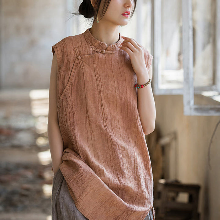 Camiseta sin mangas con botones de rana de lino y ramio teñida anudada hecha a mano con Buddha Stones