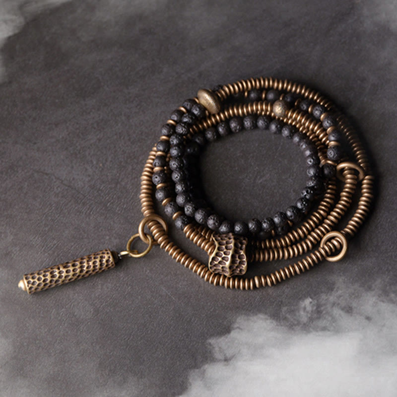 Pulsera curativa multicapa de latón y cobre con Buddha Stones y roca de lava vintage - 17-17,5 cm - image 0