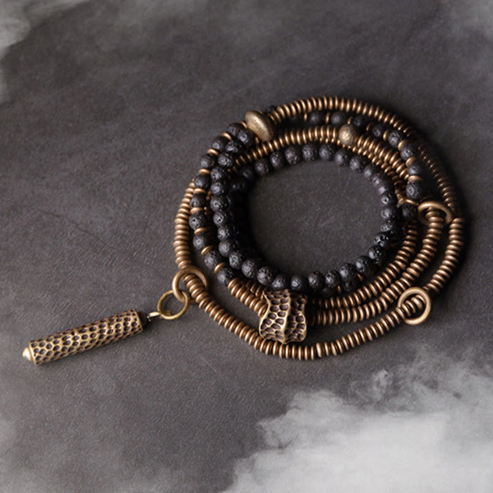 Pulsera curativa multicapa de latón y cobre con Buddha Stones y roca de lava vintage - 17-17,5 cm - image 0