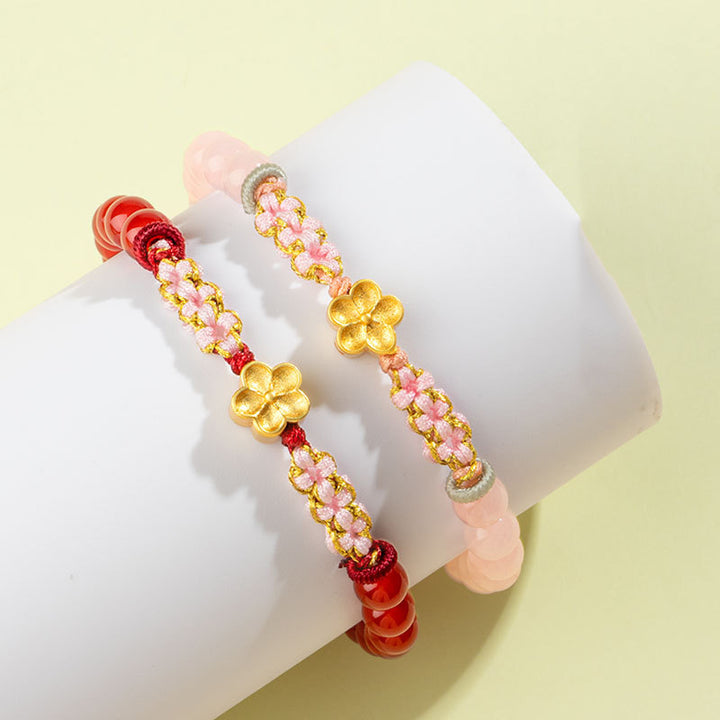 Pulsera de plata de ley 999 con Buddha Stones , ágata roja natural, cristal rosa, flor de cerezo