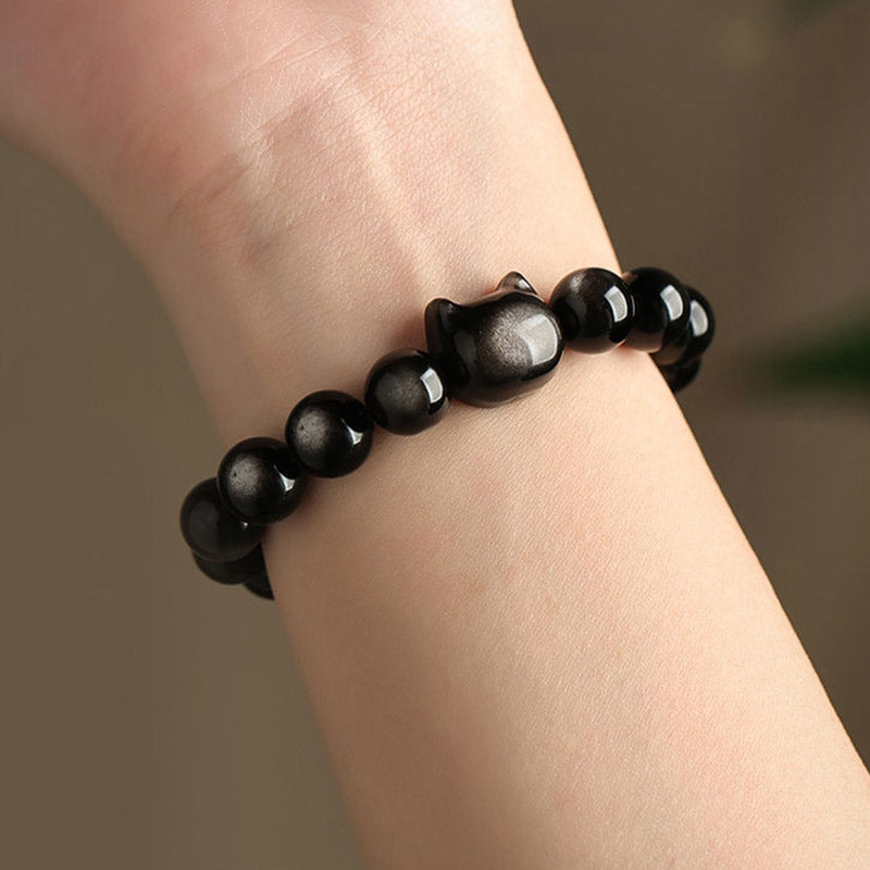 Buddha Stones Obsidiana con brillo dorado Obsidiana con brillo plateado Pata encantadora Pulsera de protección del gato de la suerte - image 18