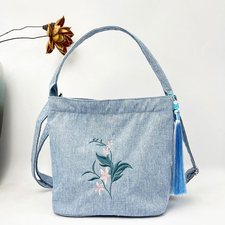 Buddha Stones, glicina, ciruela, loto, flor de cerezo, algodón, lino, lona, bolso cruzado, bolso de hombro