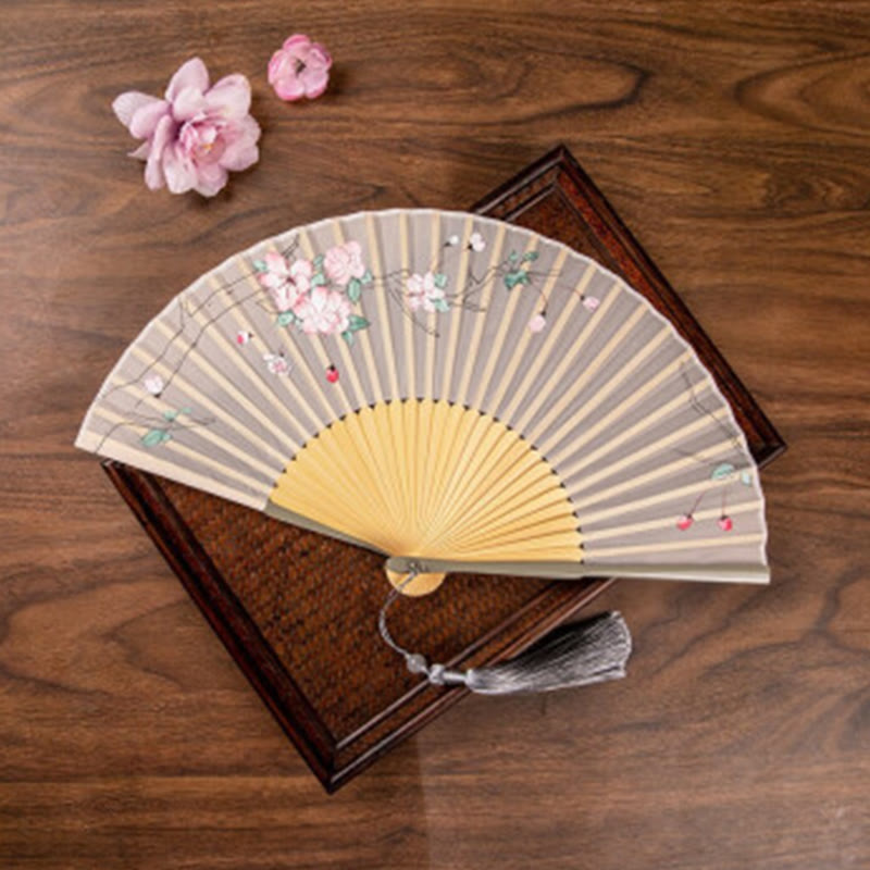 Abanico plegable de bambú de mano con flores de loto jazmín y Buddha Stones