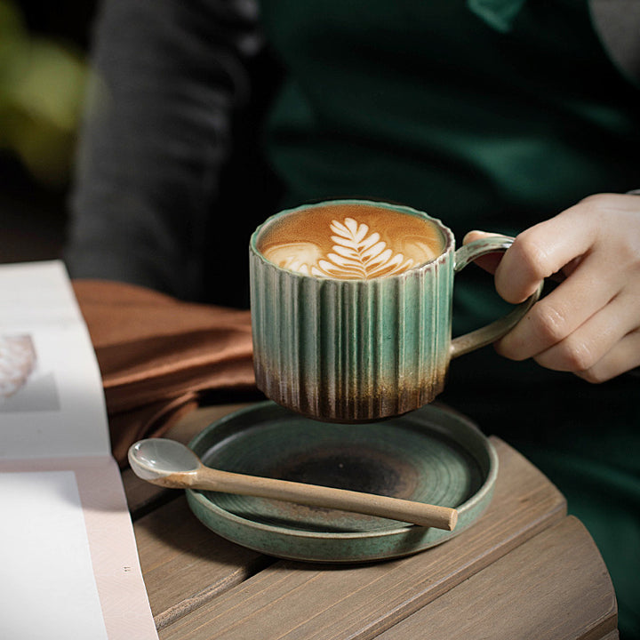 Taza de café de cerámica con cambio de horno a rayas Retro de Buddha Stones, taza de café y té de cerámica rugosa con platillo de 250ml