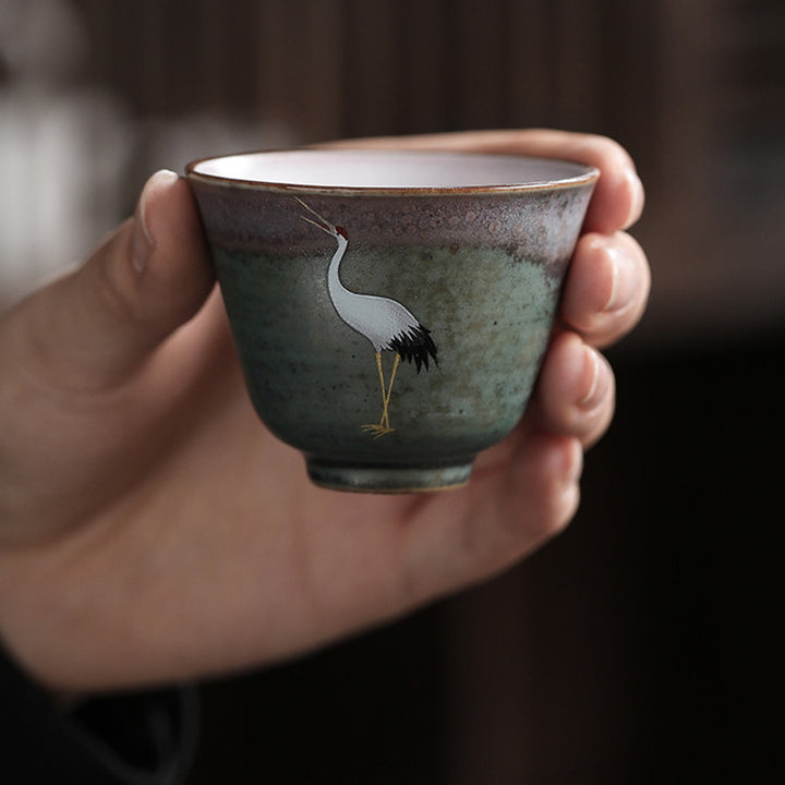 Taza de té de cerámica con grulla auspiciosa de Buddha Stones , tazón de taza de té de Kung Fu