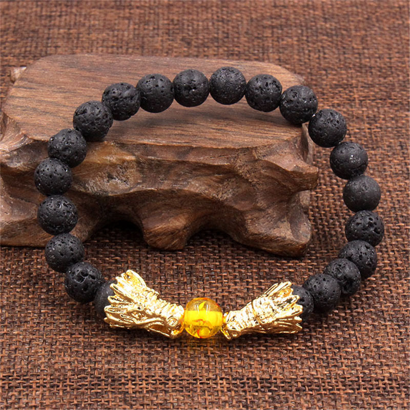 Pulsera con cuentas de bendición de dragón de roca de lava, turquesa blanca, Buddha Stones