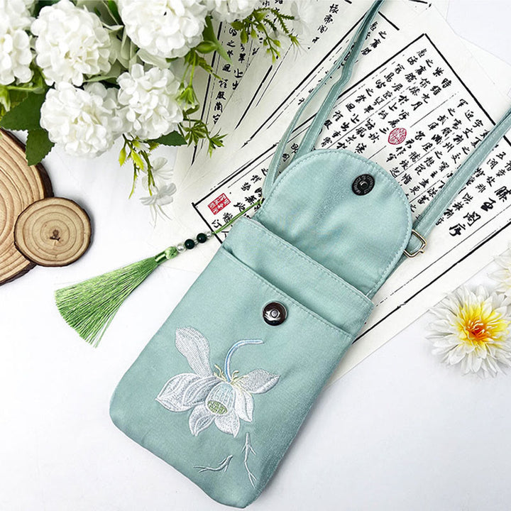 Bolso bandolera con flores bordadas pequeñas y Buddha Stones, bolso de hombro, bolso para móvil de doble capa