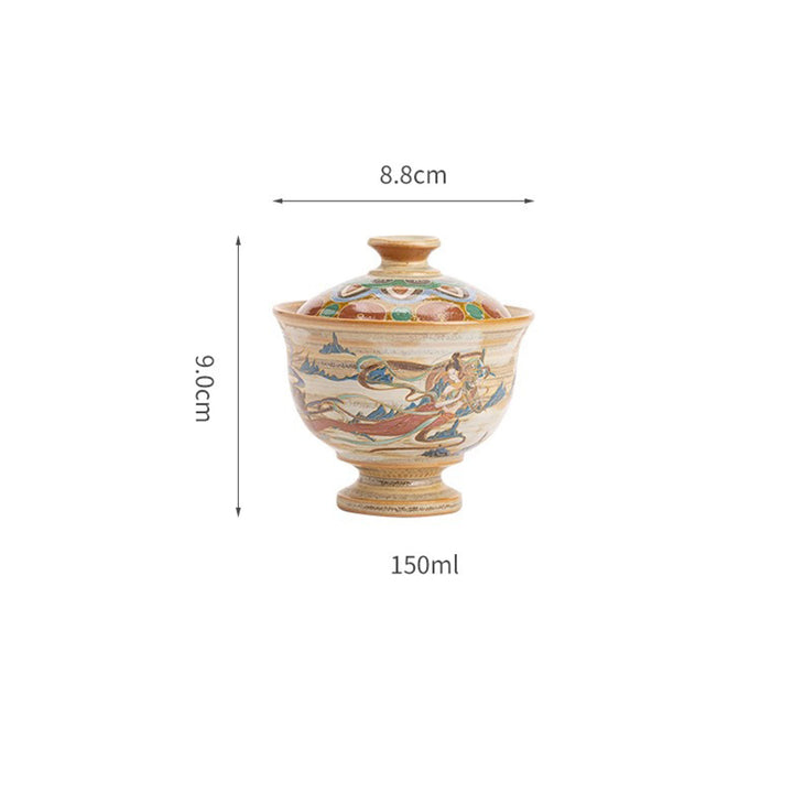 Taza de té de cerámica Gaiwan Sancai de Dunhuang Flying Apsaras con Buddha Stones, taza de té de Kung Fu con tapa