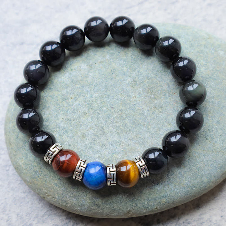 Pulsera de fuerza de ojo de tigre tricolor de obsidiana negra natural
