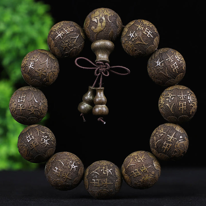Pulsera de calidez tallada con monedas de cobre, ébano y palisandro del zodiaco chino con Buddha Stones y Pixiu