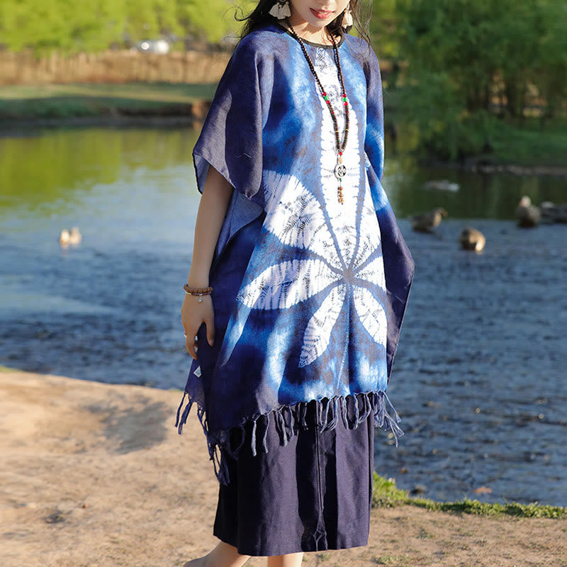 Jersey de viaje acogedor con borlas y chal de Batik azul con Buddha Stones , 95x90cm