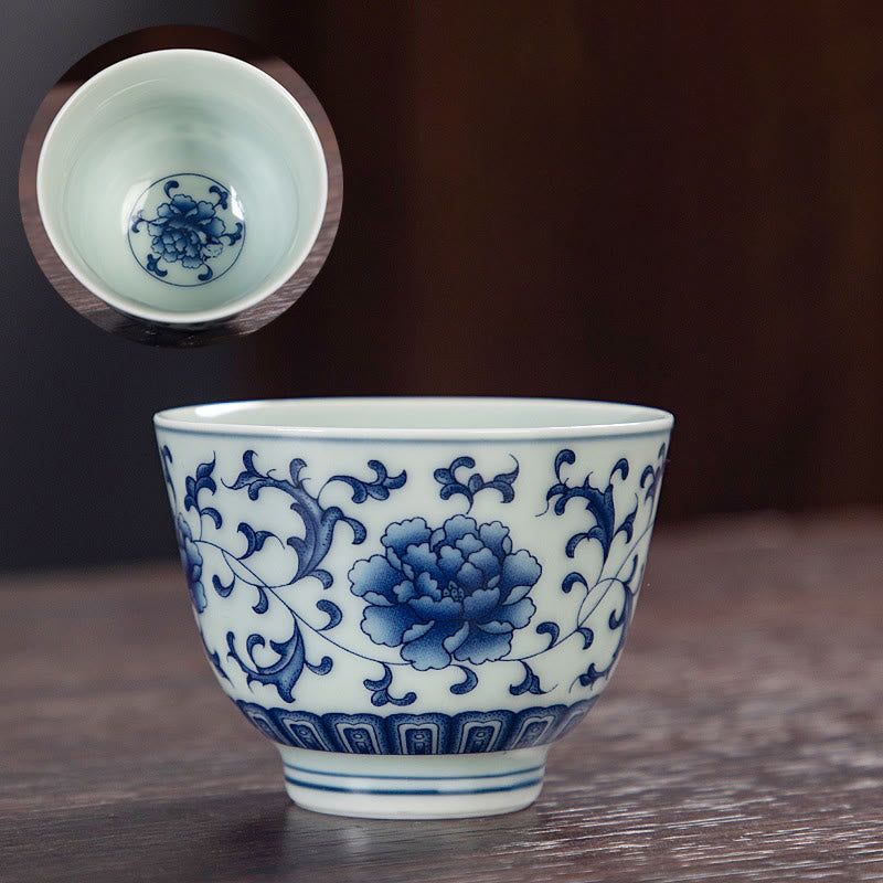 Taza de té de cerámica pequeña con Buddha Stones, paisaje azul, montañas, loto, lindos pabellones de gatos, Magnolia Reed Egrets, taza de té de Kung Fu