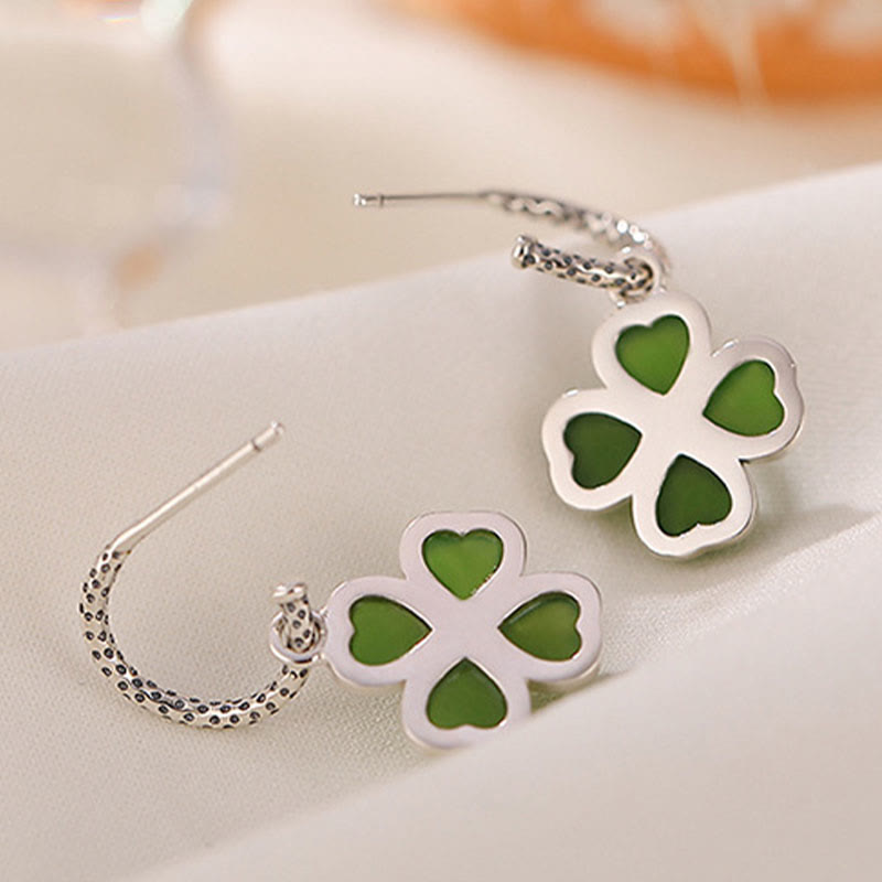 Pendientes de plata de ley 925 con Buddha Stones , jade cian natural, trébol de cuatro hojas, suerte y éxito