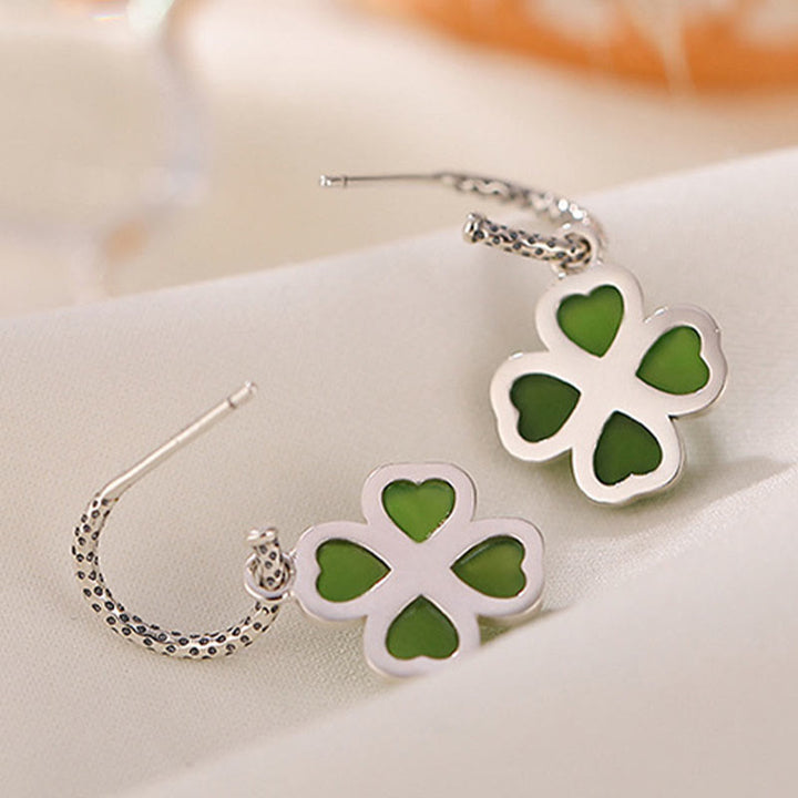Pendientes de plata de ley 925 con Buddha Stones , jade cian natural, trébol de cuatro hojas, suerte y éxito