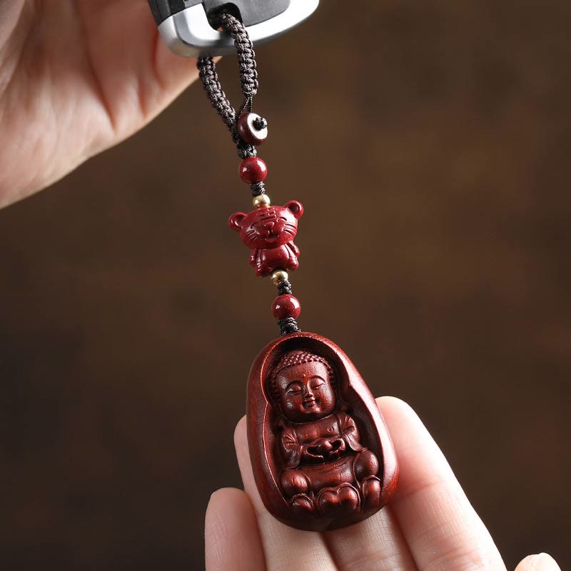 Llavero de protección con amuleto del zodiaco chino, Buddha Stones , hoja pequeña, sándalo rojo, Buda, cinabrio