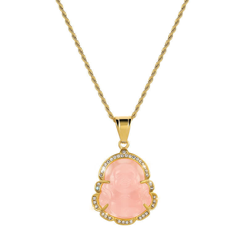 Colgante de cadena con collar de la suerte de jade de Buda sonriente relleno de oro de 18 quilates con Buddha Stones - Rosa - image 9