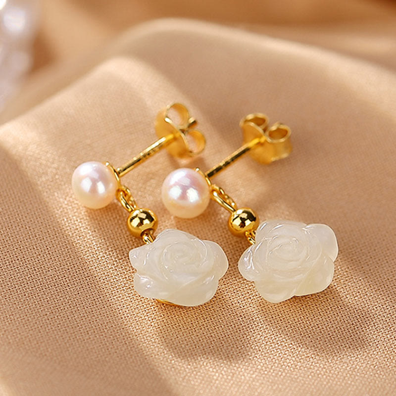 Pendientes de la suerte con perlas de jade cian y flor de rosa de jade chapado en plata de ley 925 con Buddha Stones