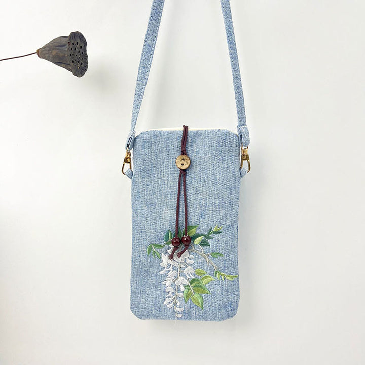 Buddha Stones, pequeñas flores bordadas, bolso de hombro, bolso para teléfono móvil, 11*20cm