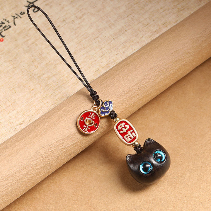 Buddha Stones de madera de ébano, gato de la suerte, nube propicia, llavero de paz, decoración colgante para teléfono - Gato de ojos azules - Decoración para colgar el teléfono - image 19