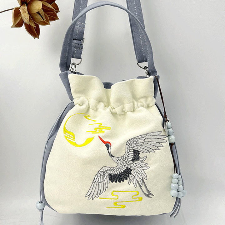 Bolso bandolera con Buddha Stones, bordado, mariposa, loto, magnolia, algodón y lino