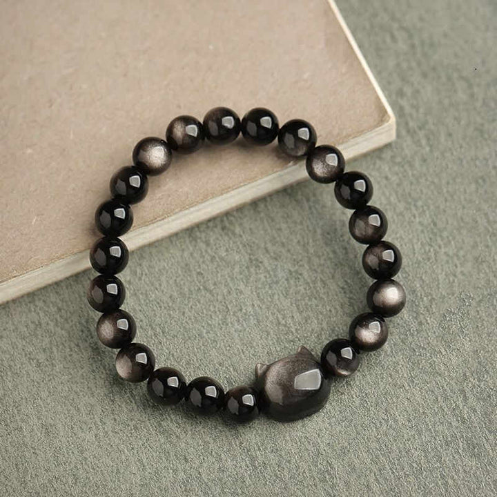 Buddha Stones Obsidiana con brillo dorado Obsidiana con brillo plateado Pata encantadora Pulsera de protección del gato de la suerte - image 15