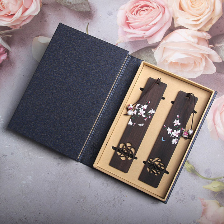 Marcadores de madera de ébano con flores de mariposa y Buddha Stones con caja de regalo