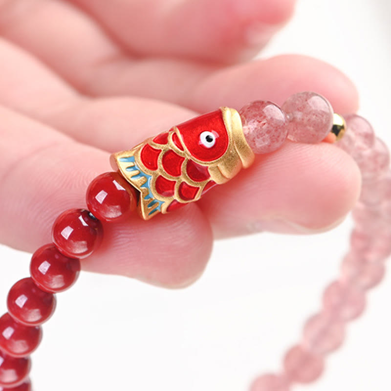 Pulsera curativa de peces Koi de la suerte, cinabrio, cuarzo fresa Natural, Buddha Stones