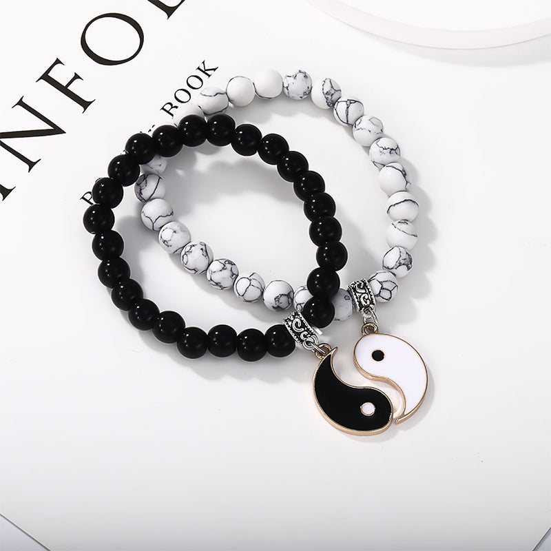 Buddha Stones 2 uds. Pulsera de pareja de protección Yin Yang con cuentas de turquesa blanca y ónix negro
