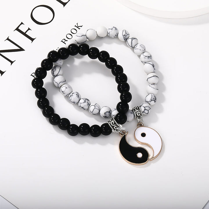 Buddha Stones 2 uds. Pulsera de pareja de protección Yin Yang con cuentas de turquesa blanca y ónix negro