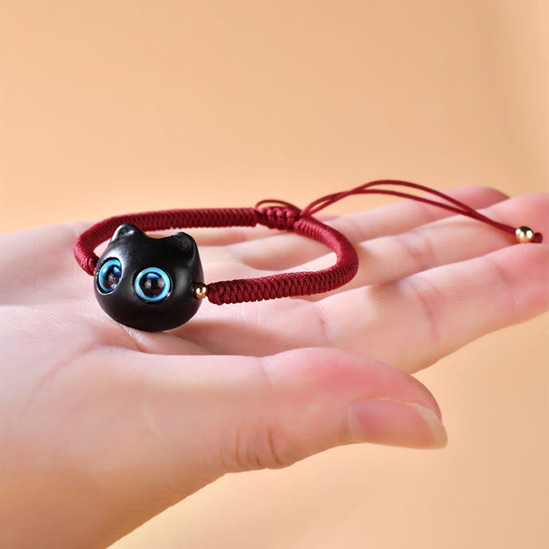 Pulsera trenzada con nudo de King Kong de la paz con patrón de cabeza de gato de madera de ébano con Buddha Stones - image 5