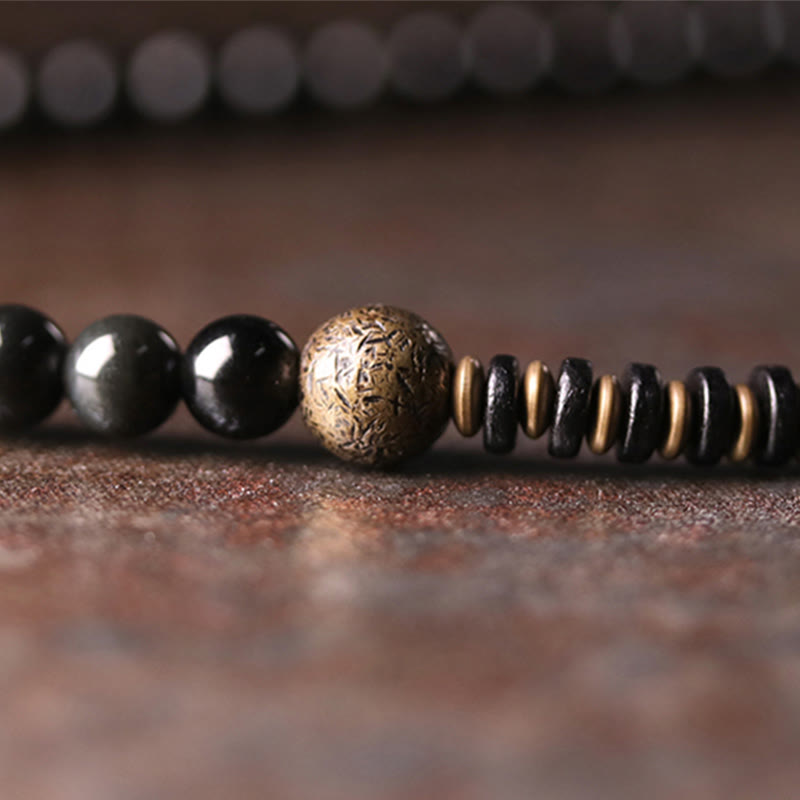 Pulsera multicapa positiva de cobre y madera de ébano, obsidiana, arcoíris , Buddha Stones