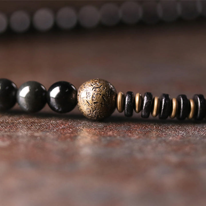 Pulsera multicapa positiva de cobre y madera de ébano, obsidiana, arcoíris , Buddha Stones