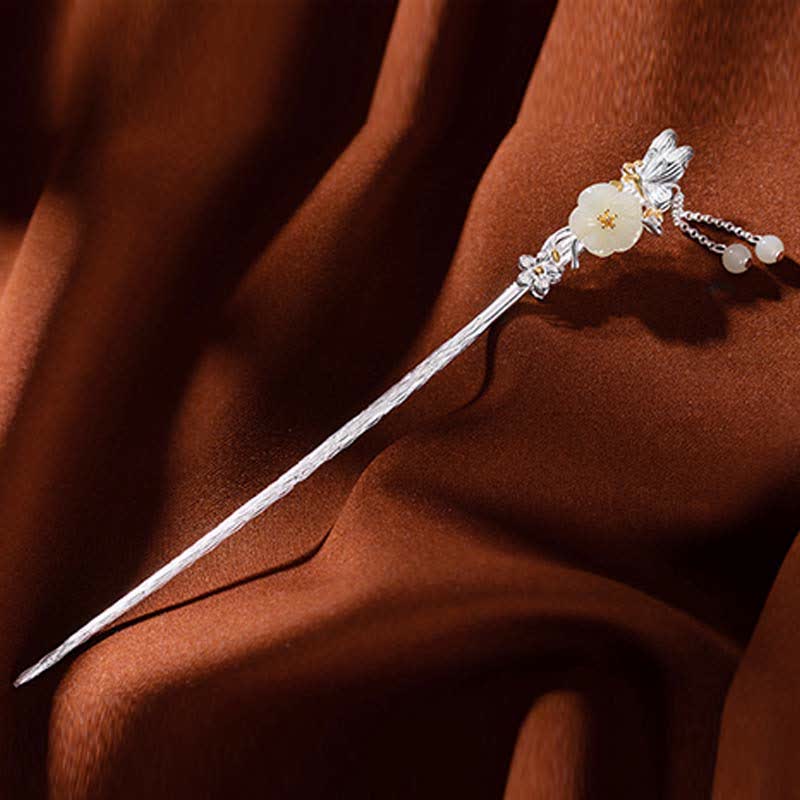 Horquilla de bendición de flor de jade blanco hetiano de plata de ley 925