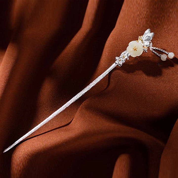 Horquilla de bendición de flor de jade blanco hetiano de plata de ley 925