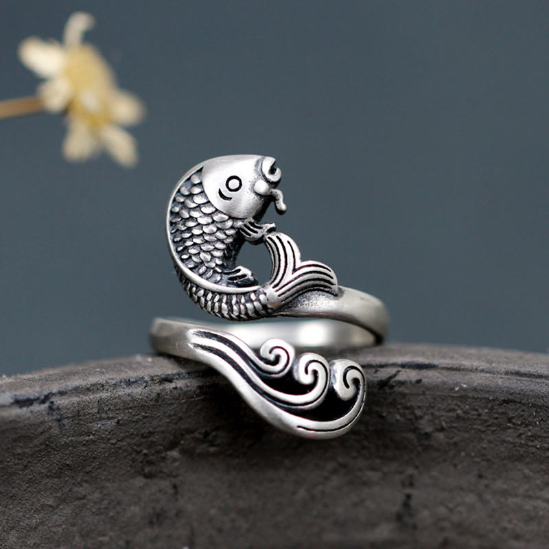 Anillo de plata de ley 925 con Buddha Stones , pez koi, ondulación de agua, suerte y riqueza - Peces Koi (Suerte♥Prosperidad) - image 0