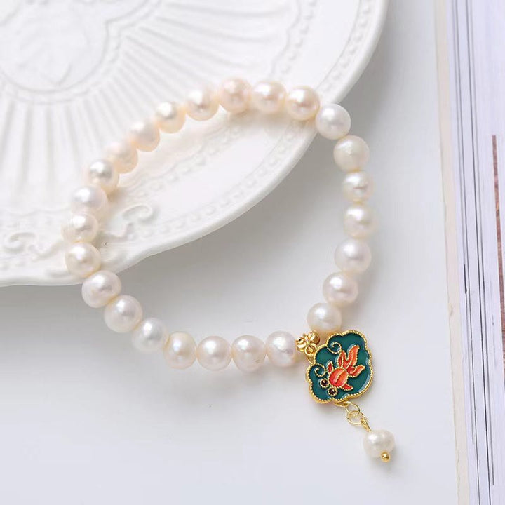 Pulsera con dije de optimismo, pez dorado, pez koi, perla natural