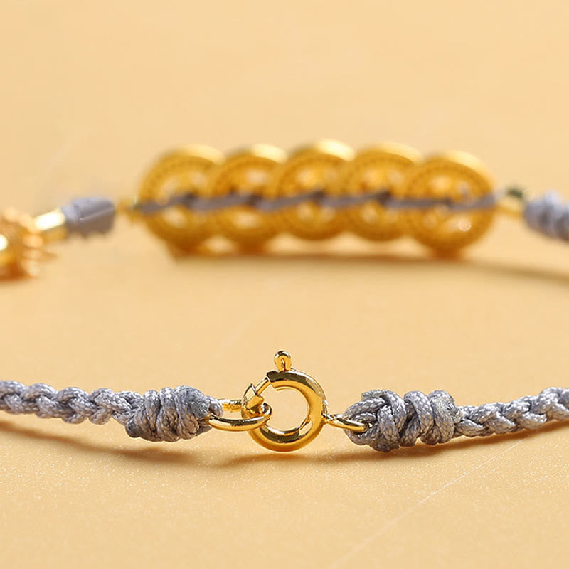 Pulsera trenzada de cuerda azul con Buddha Stones, moneda de cobre, árbol de la fortuna, perla, suerte