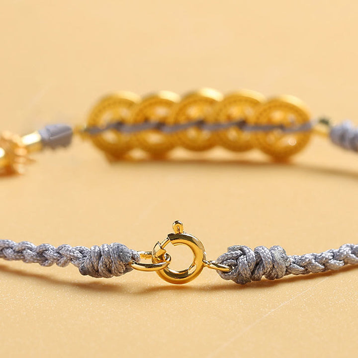 Pulsera trenzada de cuerda azul con Buddha Stones, moneda de cobre, árbol de la fortuna, perla, suerte