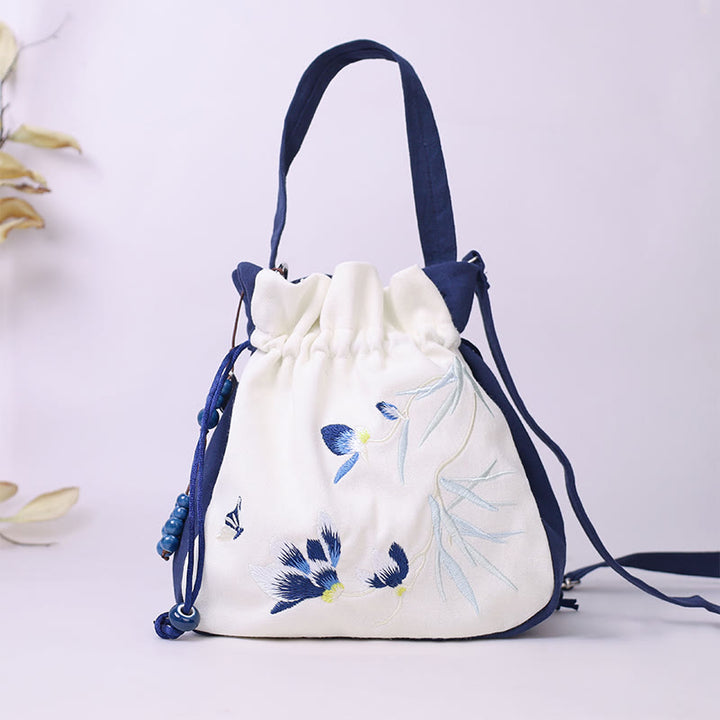 Bolso bandolera con Buddha Stones, bordado, mariposa, loto, magnolia, algodón y lino